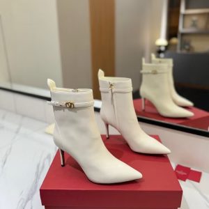 Valentino Side Zipper Ankle Boots White High Heel Fashion Boot