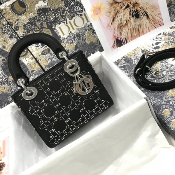 Elegant Black Quilted Three-Compartment Luxury Style Handbag with Rhinestone Detailing