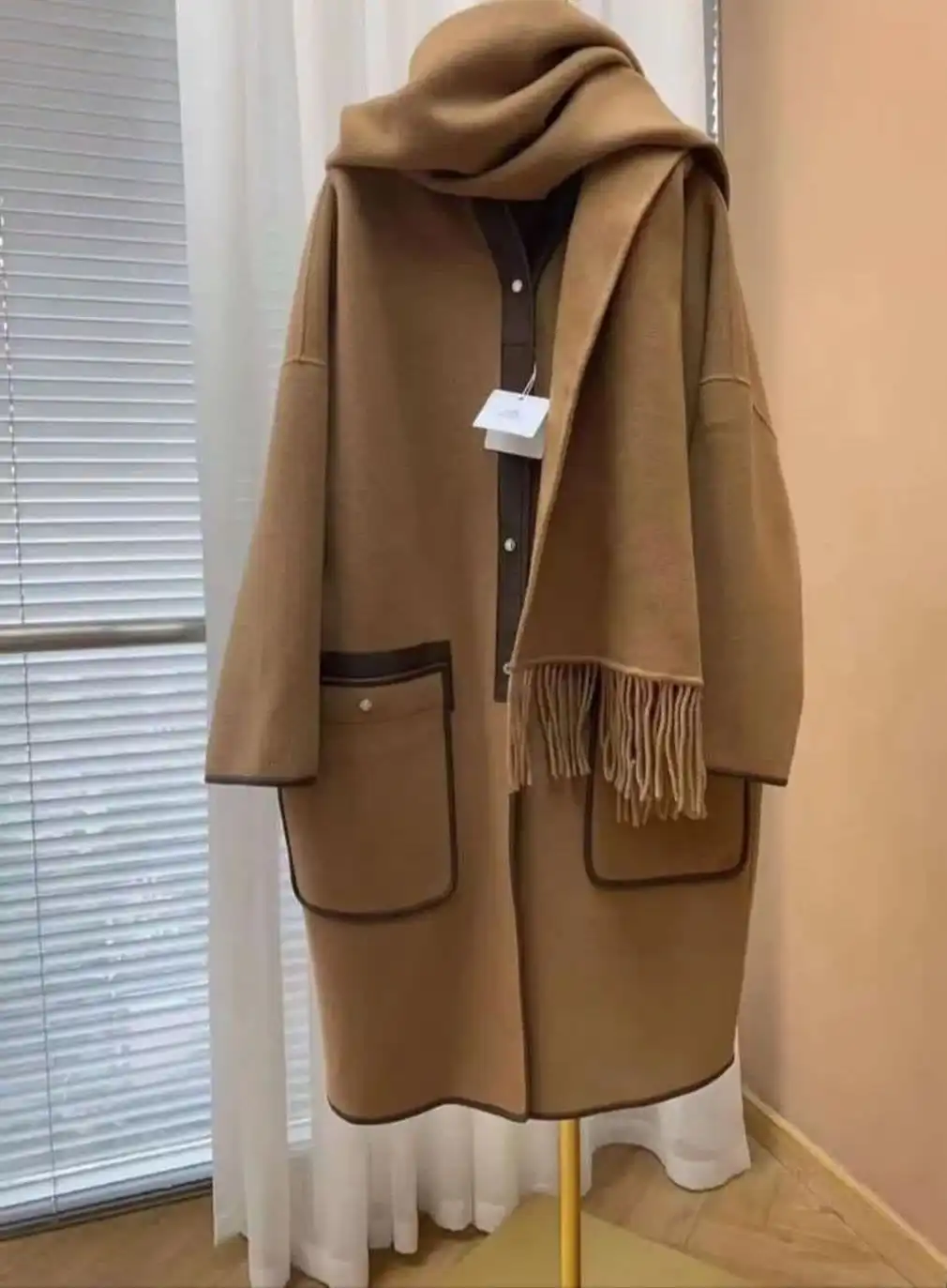 Women Wool Shawl Two Piece Set & Tassel Scarf Coat