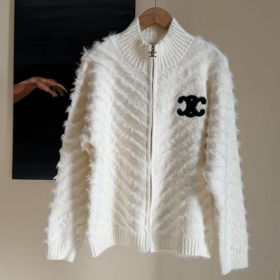 Chanel Luxury Fluffy Knit Zip-Up Sweater for Women | Soft White Jacket - Image 2