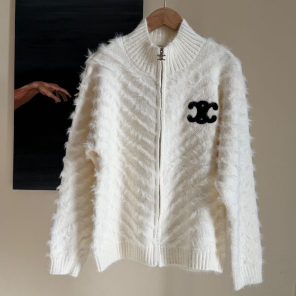 Chanel Luxury Fluffy Knit Zip-Up Sweater for Women | Soft White Jacket