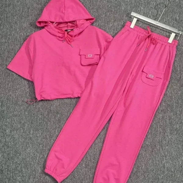 Women Tracksuit Double Pocket Hoodie Short Sleeve T-Shirt Elastic-Waist With Pant